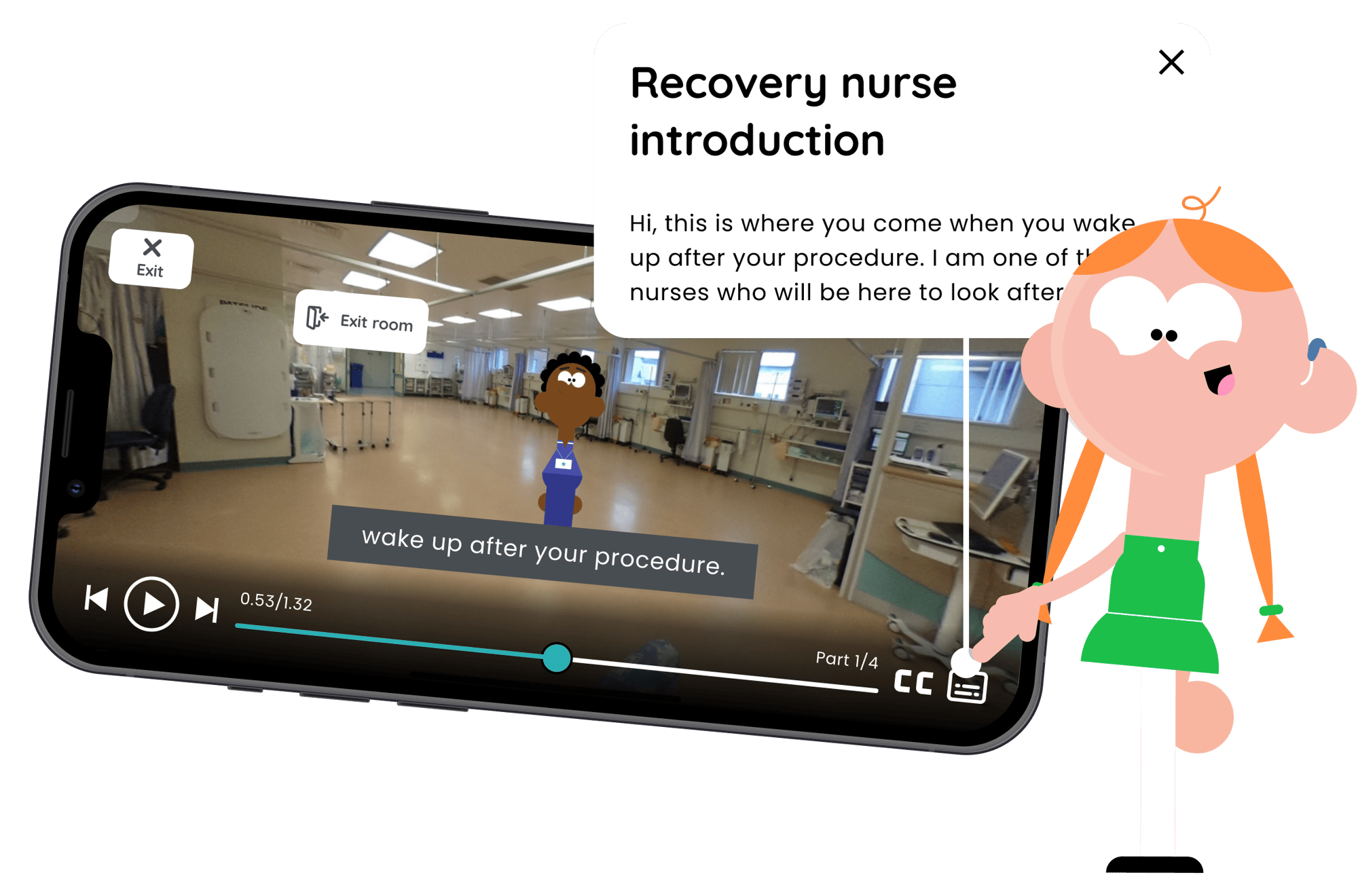 A graphic showing a child pointing at the transcripts button on a Little Journey hospital tour. 