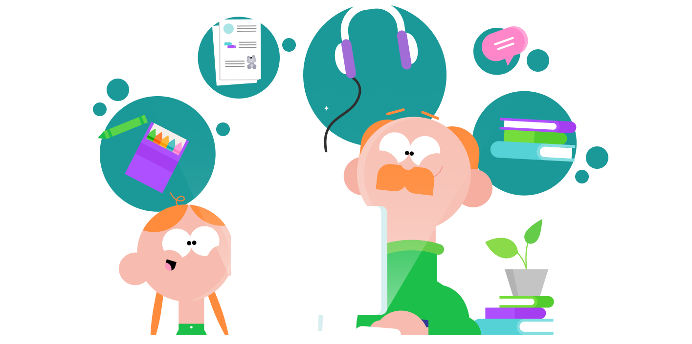 Two characters sat at a desk looking at a computer. Above them are bubbles filled with crayons, papers, books and headphones.