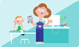 Illustration of nurse and child in a hospital room smiling