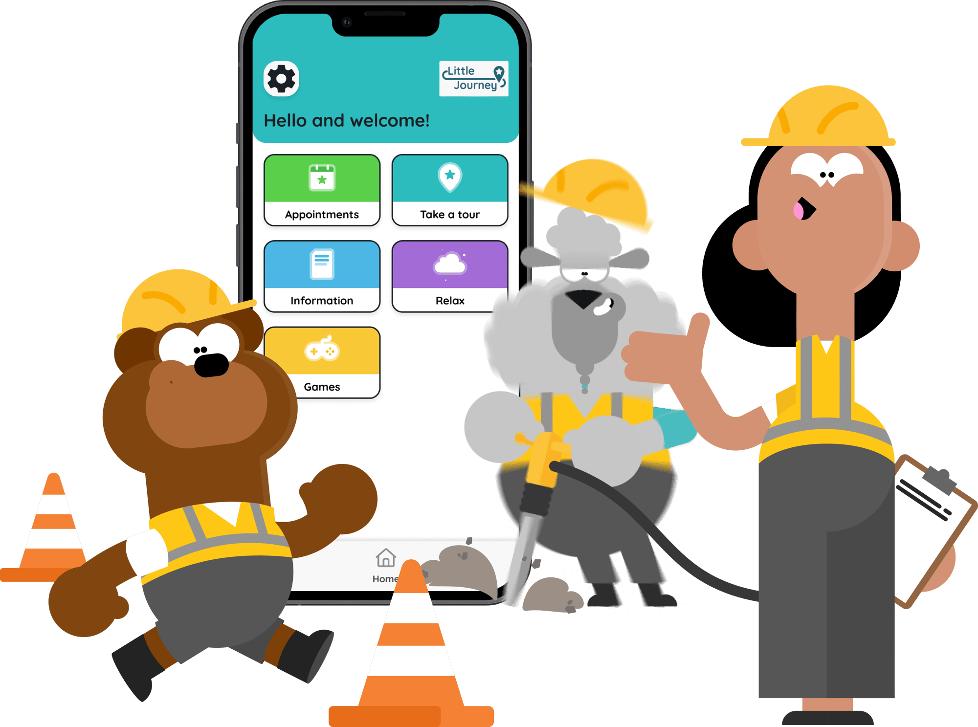 Little Journey characters dressed as construction workers surround a smartphone displaying the new app home screen design.