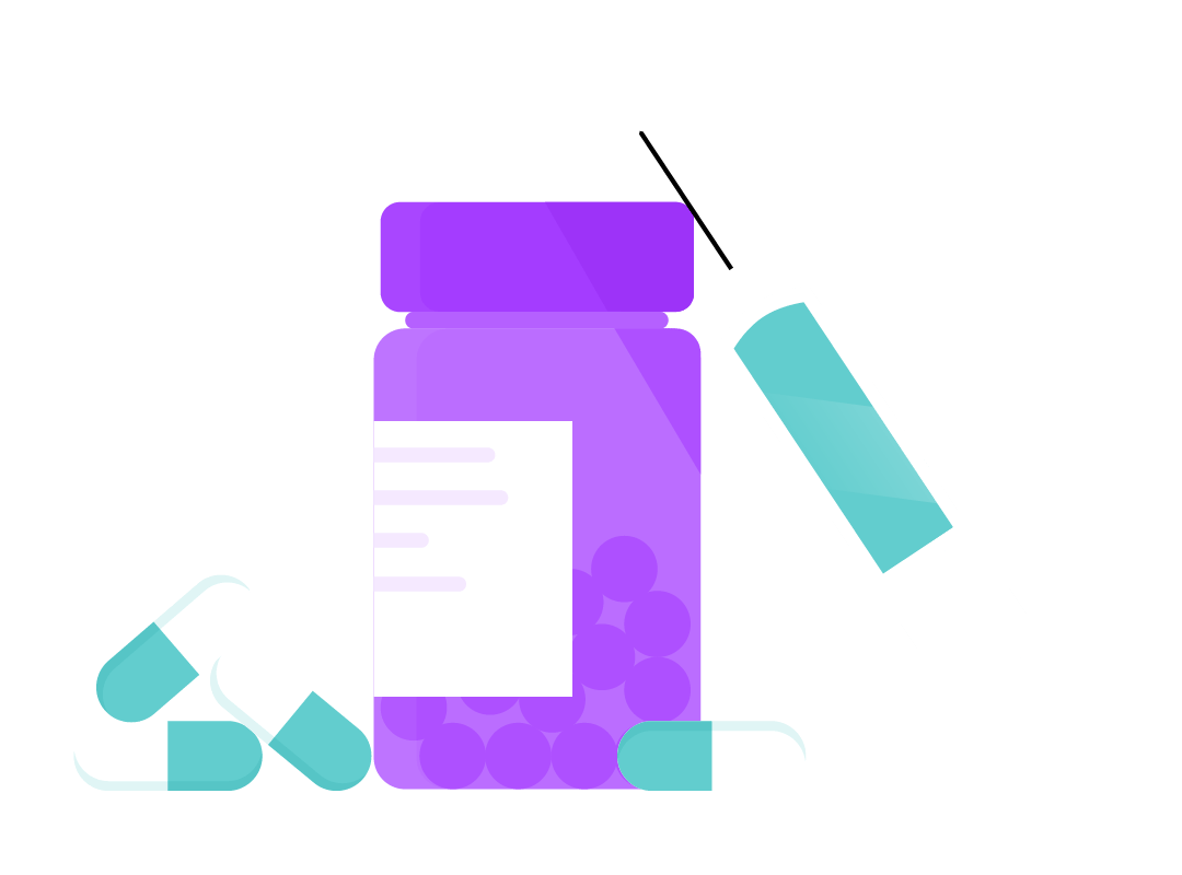 A small bottle of medication, with some tablets and a syringe next to it.