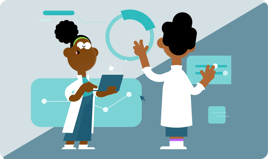 Illustration of two research staff looking at data