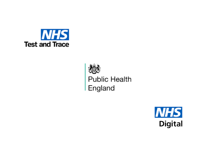 NHS Test and Trace, Public Health England, and NHS Digital logos