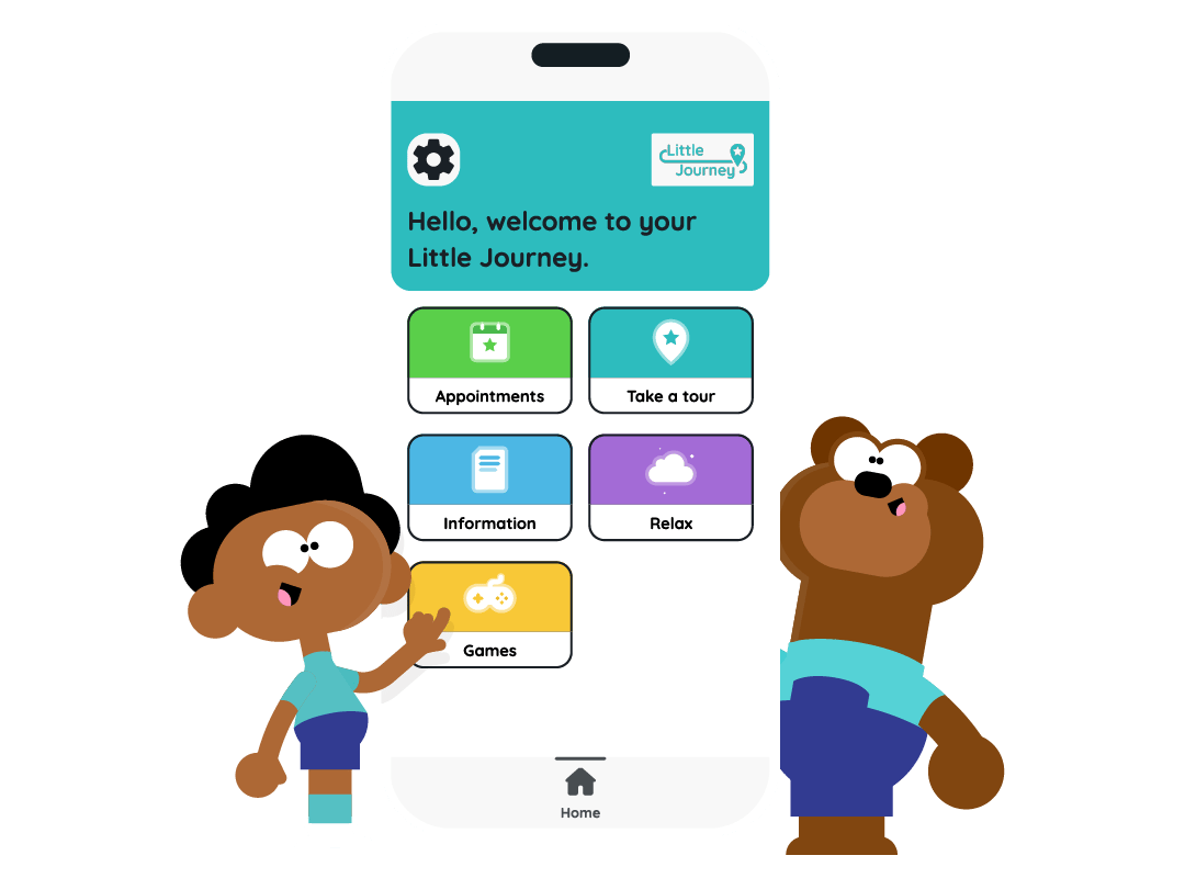 A young boy is stood at the left,  pointing at a phone showing the Little Journey application. Ali the bear is stood to the right looking up at the application