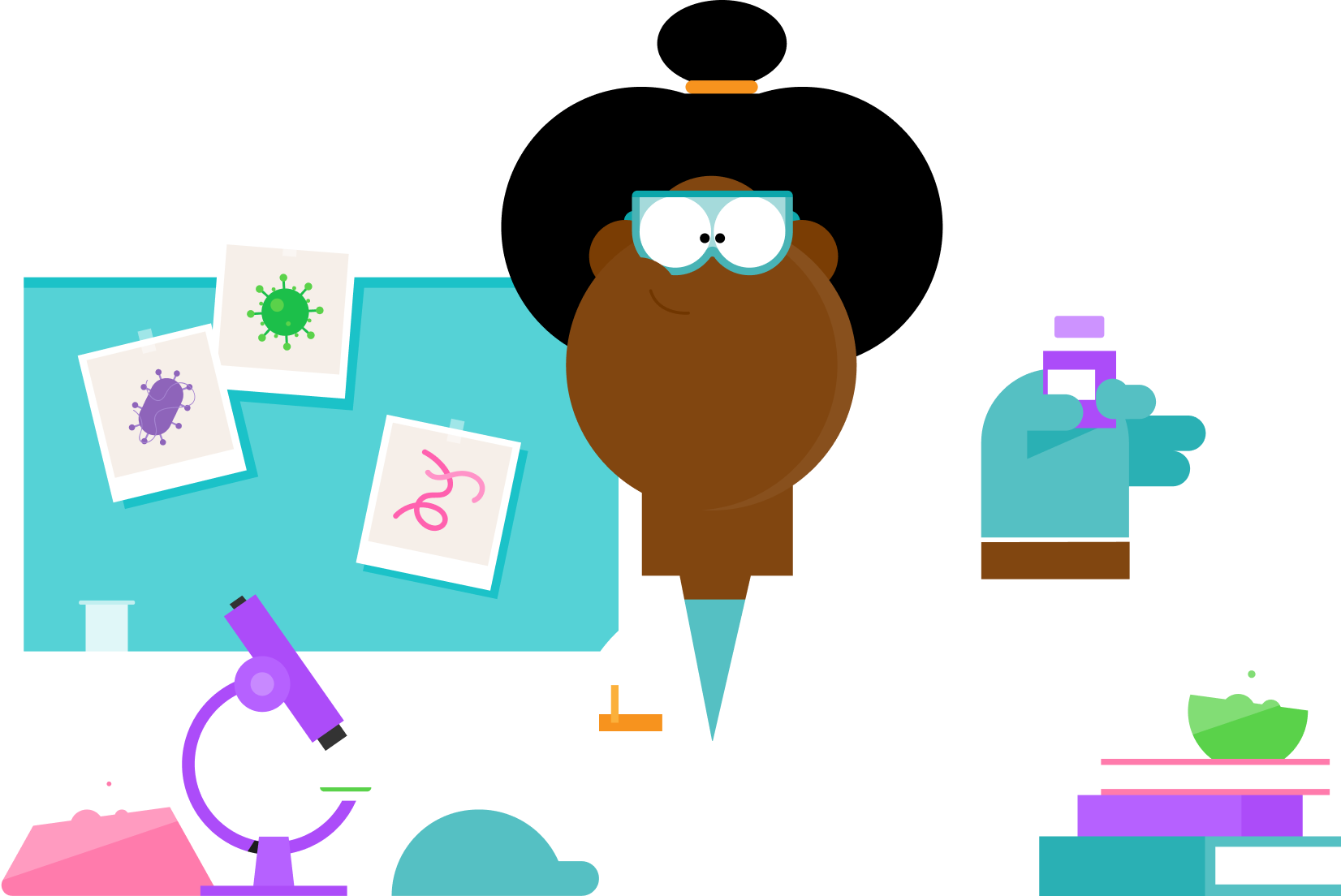 Little Journey scientist character in her lab