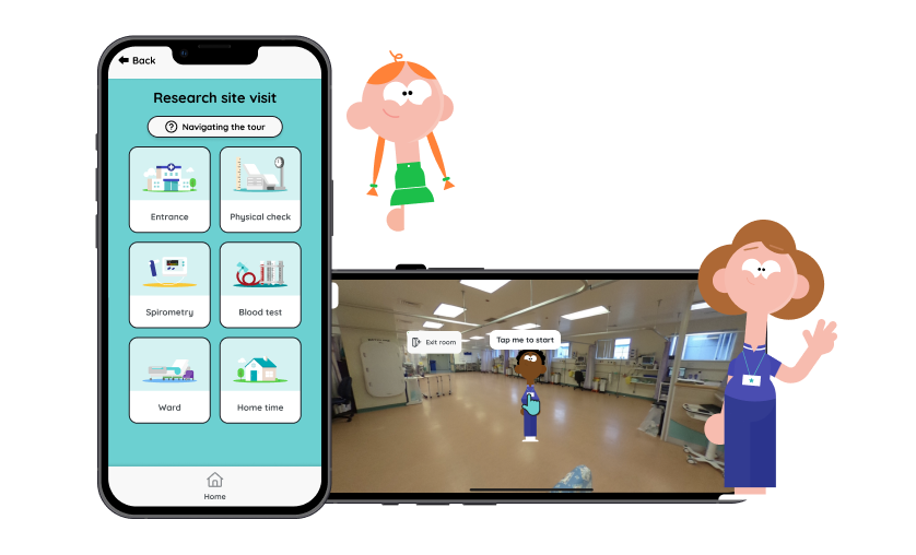 Little Journey characters next to two smartphones showing the tours selection and a hospital tour