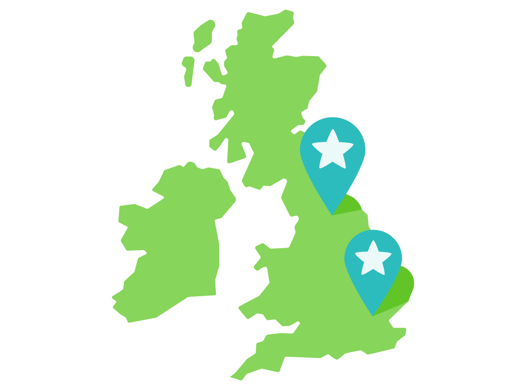 A map of the UK with pin icons dropped on Leeds and London. 