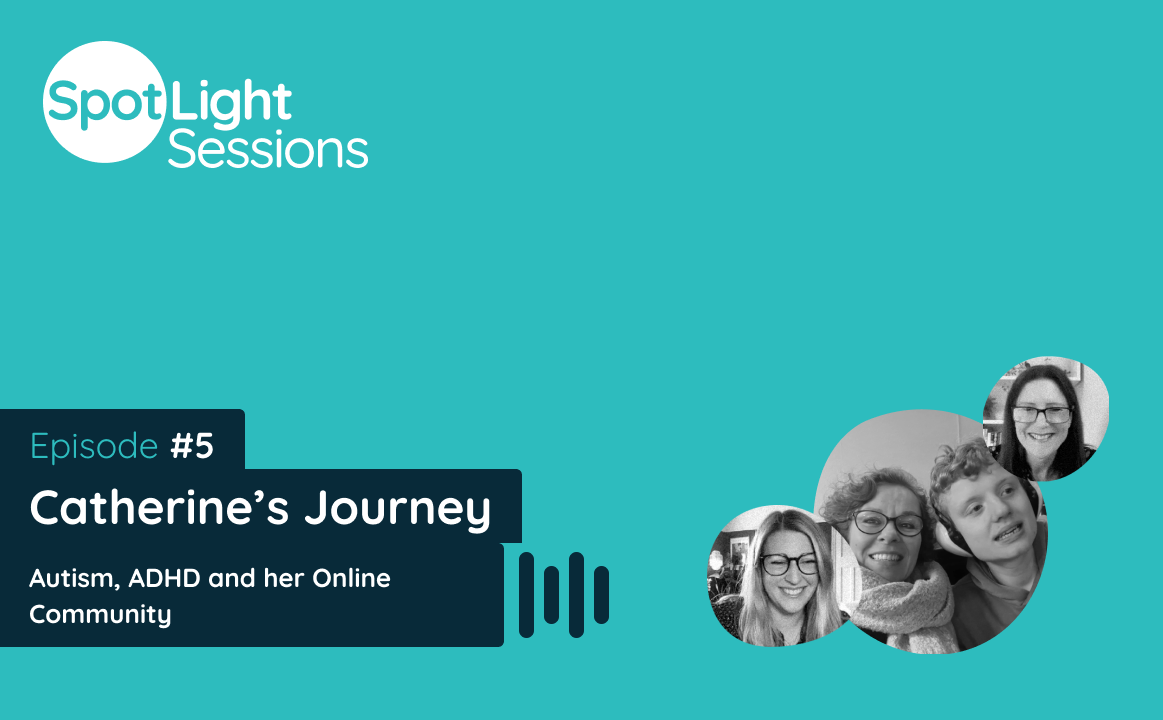 CatherineA podcast thumbnail saying "SpotLight Sessions Episode 5: Catherine’s Journey: Autism, ADHD and her online community”, featuring black and white photos of the guest and hosts.