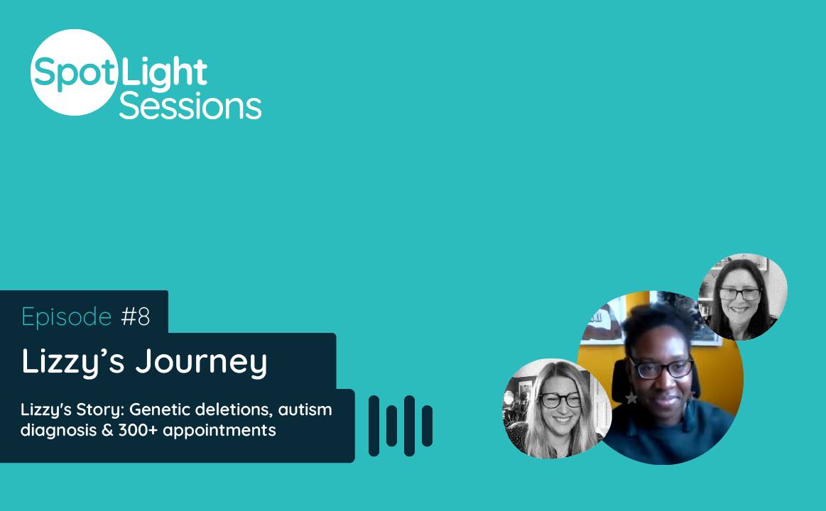 Text that says 'Spotlight Sessions. Episode #8, Lizzy's Journey, Lizzy's Story: Genetic deletions, an autism diagnosis & 300+ appointments'. Next to this there is a picture of our hosts and guest.