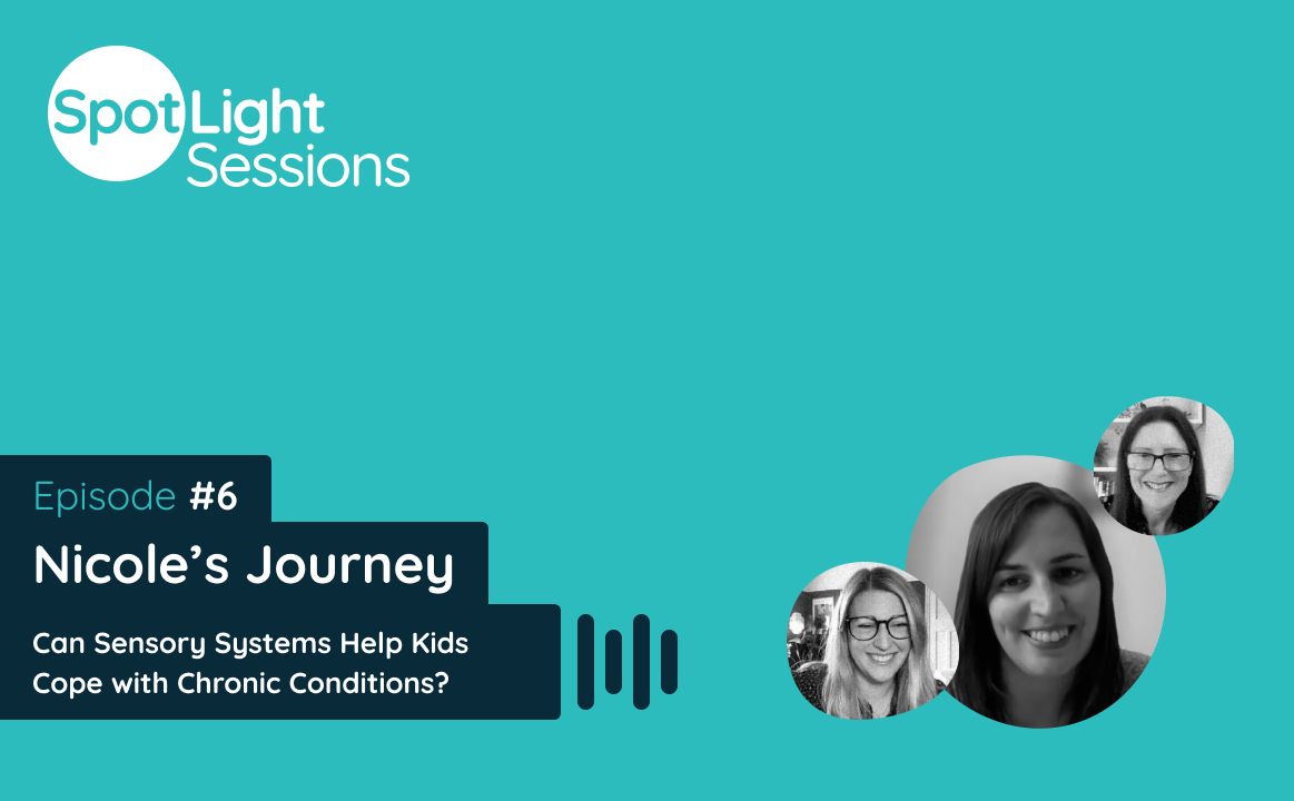 A podcast thumbnail saying "SpotLight Sessions Episode 6: Nicole’s Journey: Can sensory systems help kids cope with chronic conditions?”, featuring black and white photos of the guest and hosts.