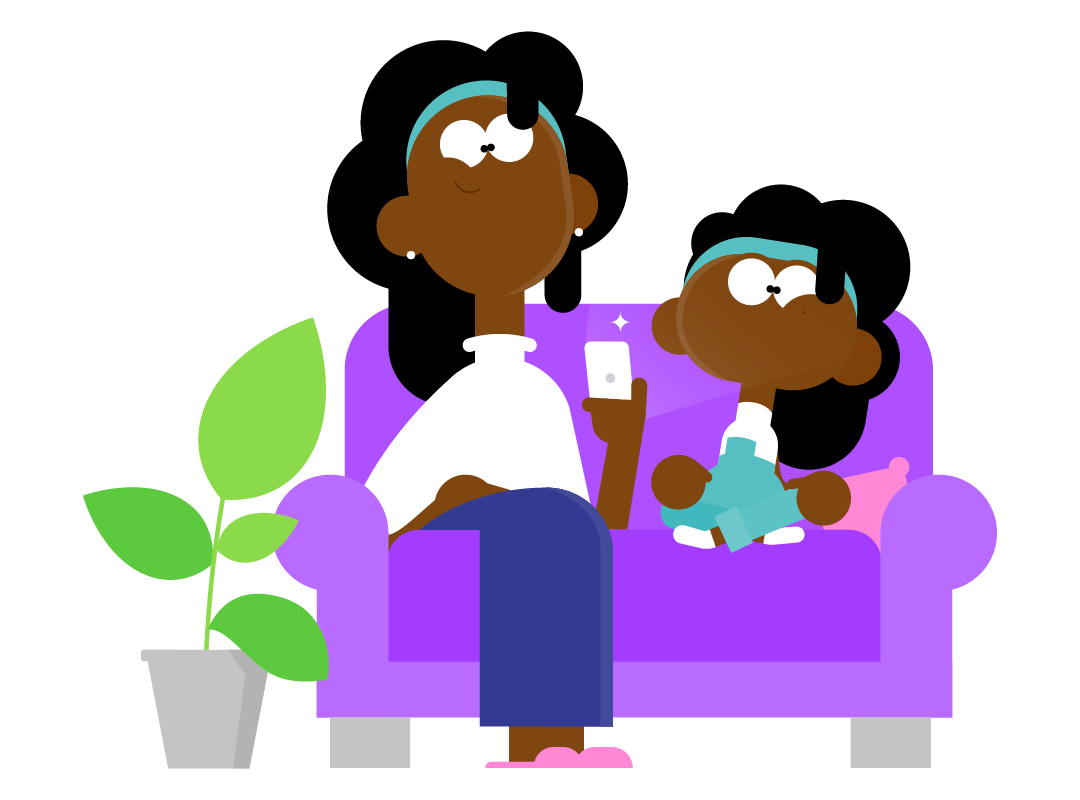 A caregiver and child sitting on a sofa, looking at the Little Journey app. 