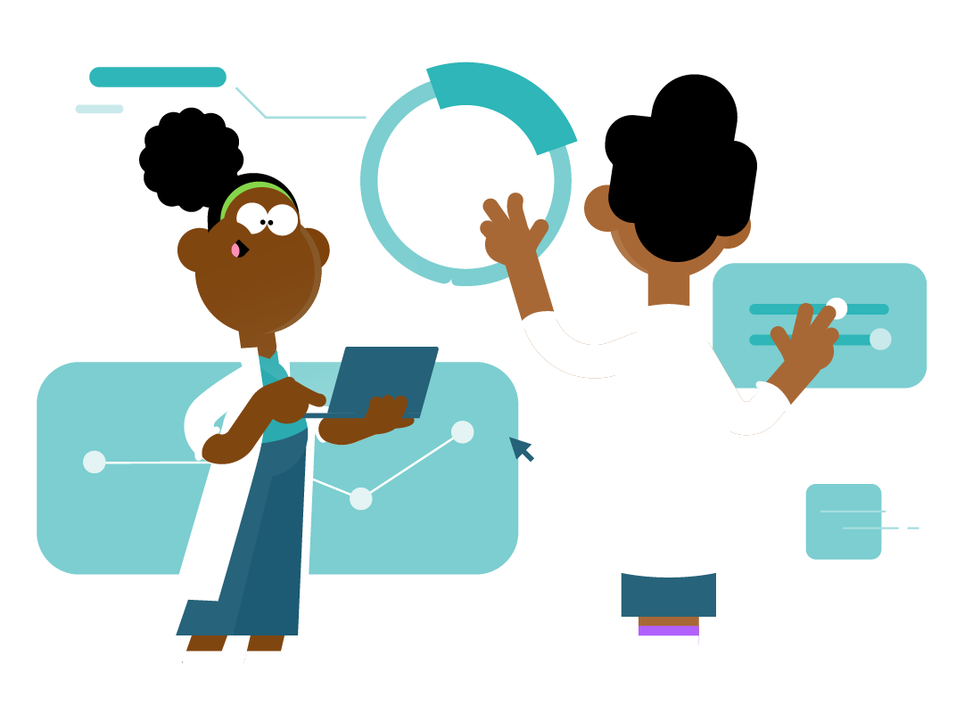 Two clinicians looking at large graphs and charts. 